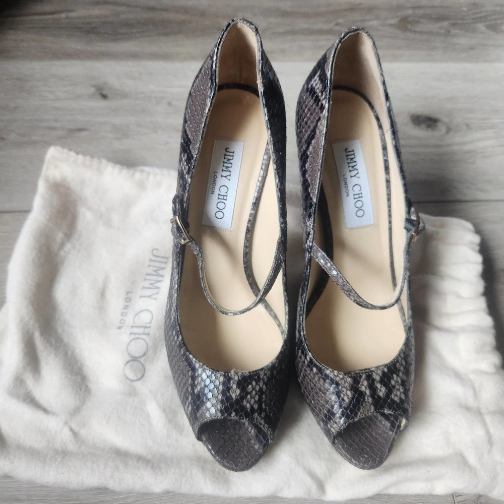 Jimmy‎ Choo Snakeskin print Peep Toe Heels Size 37.5